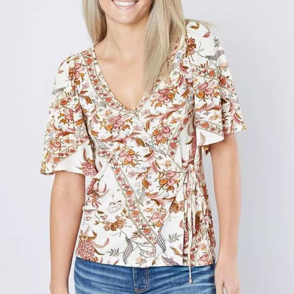 Lucky Brand Floral Wrap Top Womens Sz 3X Multicolor Flutter Sleeve Boho Peasant